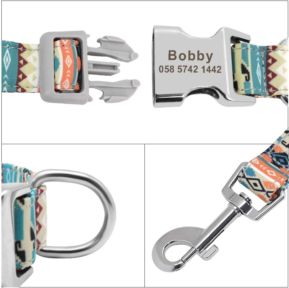 Floral Dog Collar & Leash - Soft Ethnic Style, Engraved Name Plate,