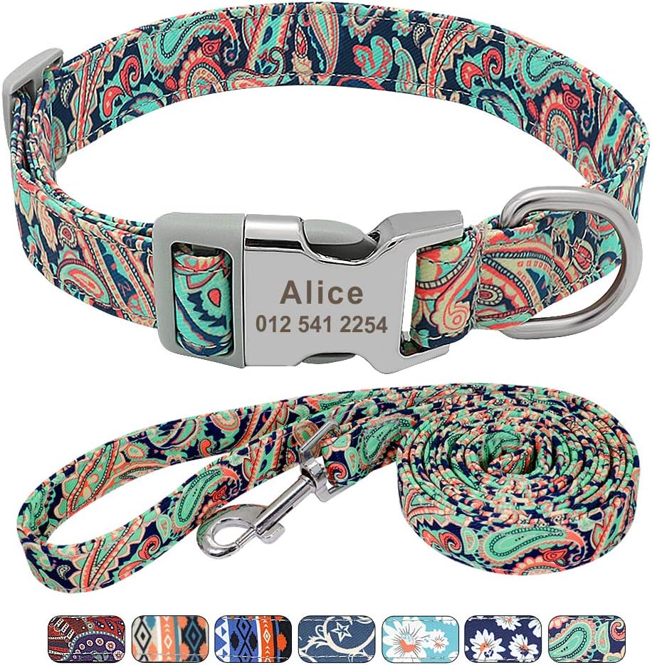 Floral Dog Collar & Leash - Soft Ethnic Style, Engraved Name Plate,