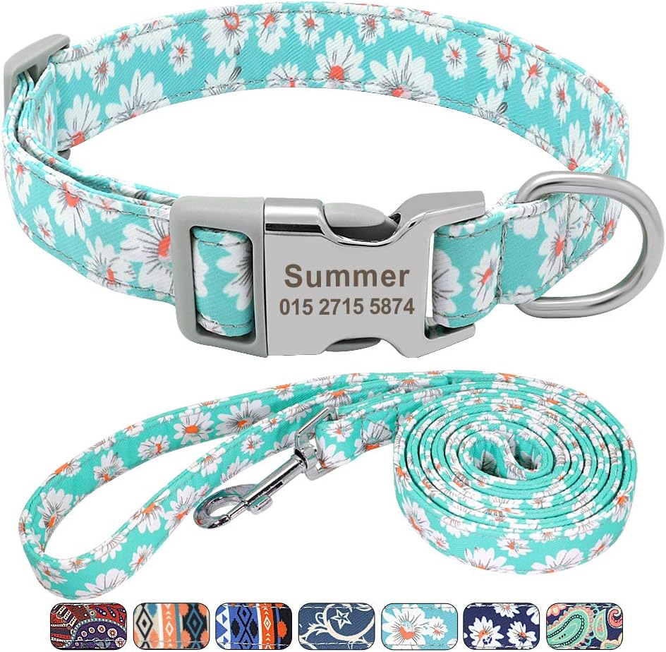 Floral Dog Collar & Leash - Soft Ethnic Style, Engraved Name Plate,