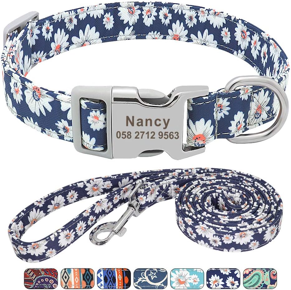 Floral Dog Collar & Leash - Soft Ethnic Style, Engraved Name Plate,