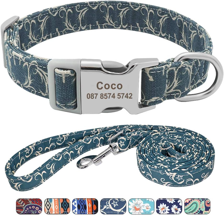 Floral Dog Collar & Leash - Soft Ethnic Style, Engraved Name Plate,