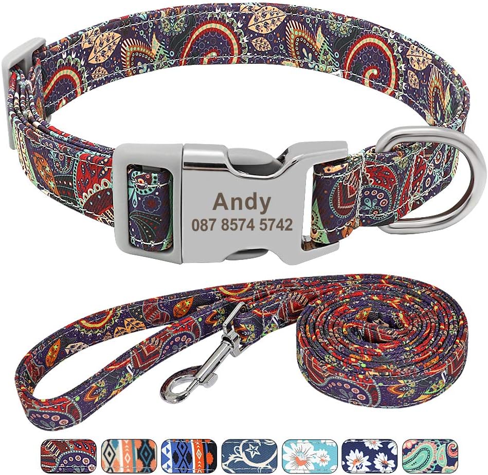 Floral Dog Collar & Leash - Soft Ethnic Style, Engraved Name Plate,