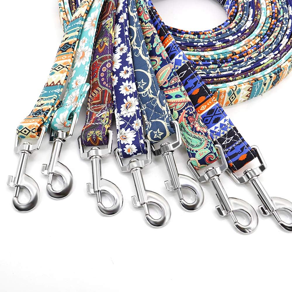 Floral Dog Collar & Leash - Soft Ethnic Style, Engraved Name Plate,