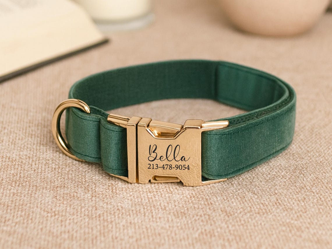 Luxury Velvet Dog Collar, Personalized Dog Collar, Engraved Pet Name Metal Buckle,,Soft Adjustable Pet Collar