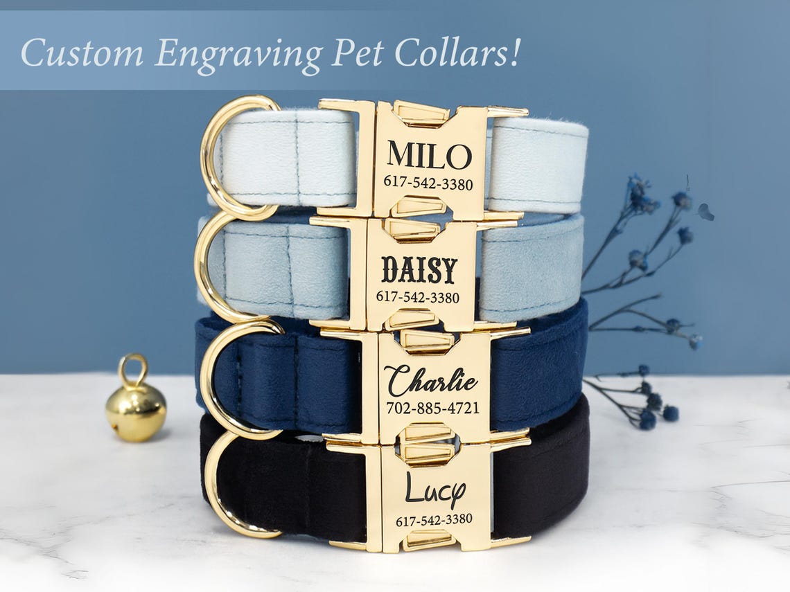 Luxury Velvet Dog Collar, Personalized Dog Collar, Engraved Pet Name Metal Buckle,,Soft Adjustable Pet Collar