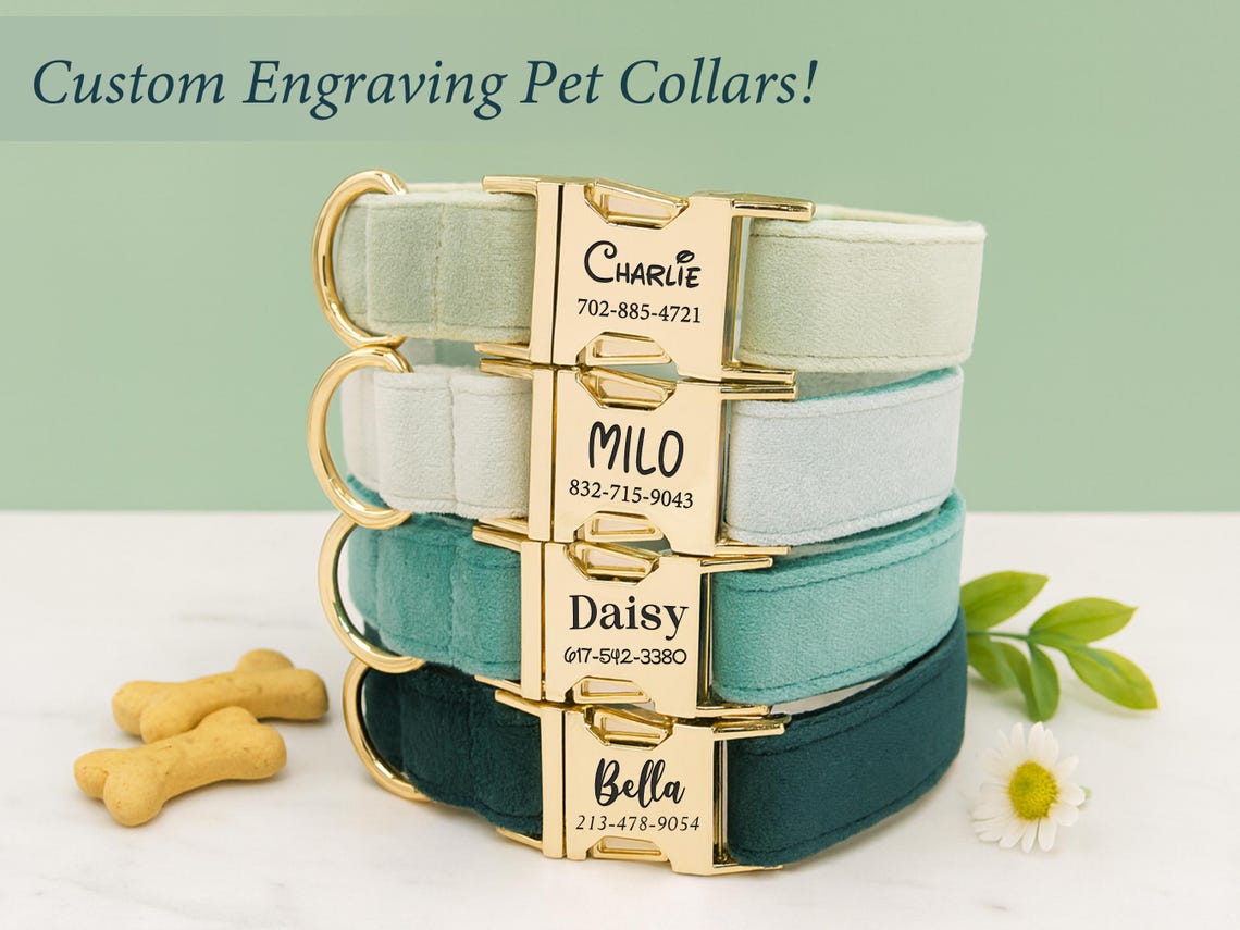 Luxury Velvet Dog Collar, Personalized Dog Collar, Engraved Pet Name Metal Buckle,,Soft Adjustable Pet Collar