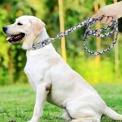Floral Dog Collar & Leash - Soft Ethnic Style, Engraved Name Plate,