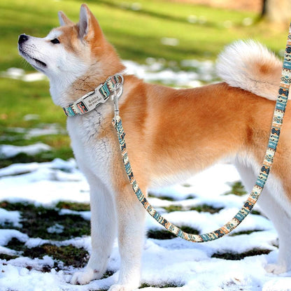 Floral Dog Collar & Leash - Soft Ethnic Style, Engraved Name Plate,