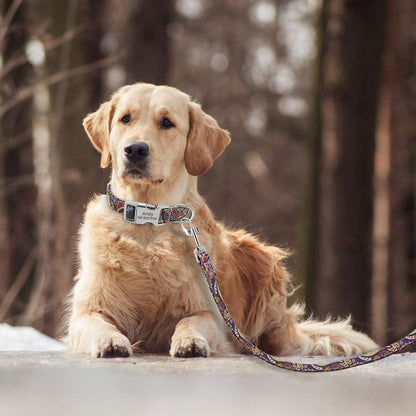 Floral Dog Collar & Leash - Soft Ethnic Style, Engraved Name Plate,