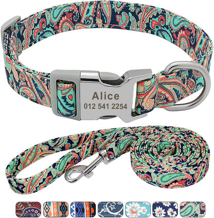 Floral Dog Collar & Leash - Soft Ethnic Style, Engraved Name Plate,