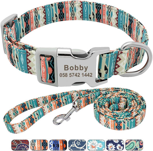Floral Dog Collar & Leash - Soft Ethnic Style, Engraved Name Plate,