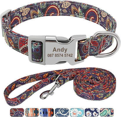 Floral Dog Collar & Leash - Soft Ethnic Style, Engraved Name Plate,