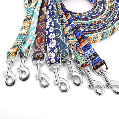 Floral Dog Collar & Leash - Soft Ethnic Style, Engraved Name Plate,